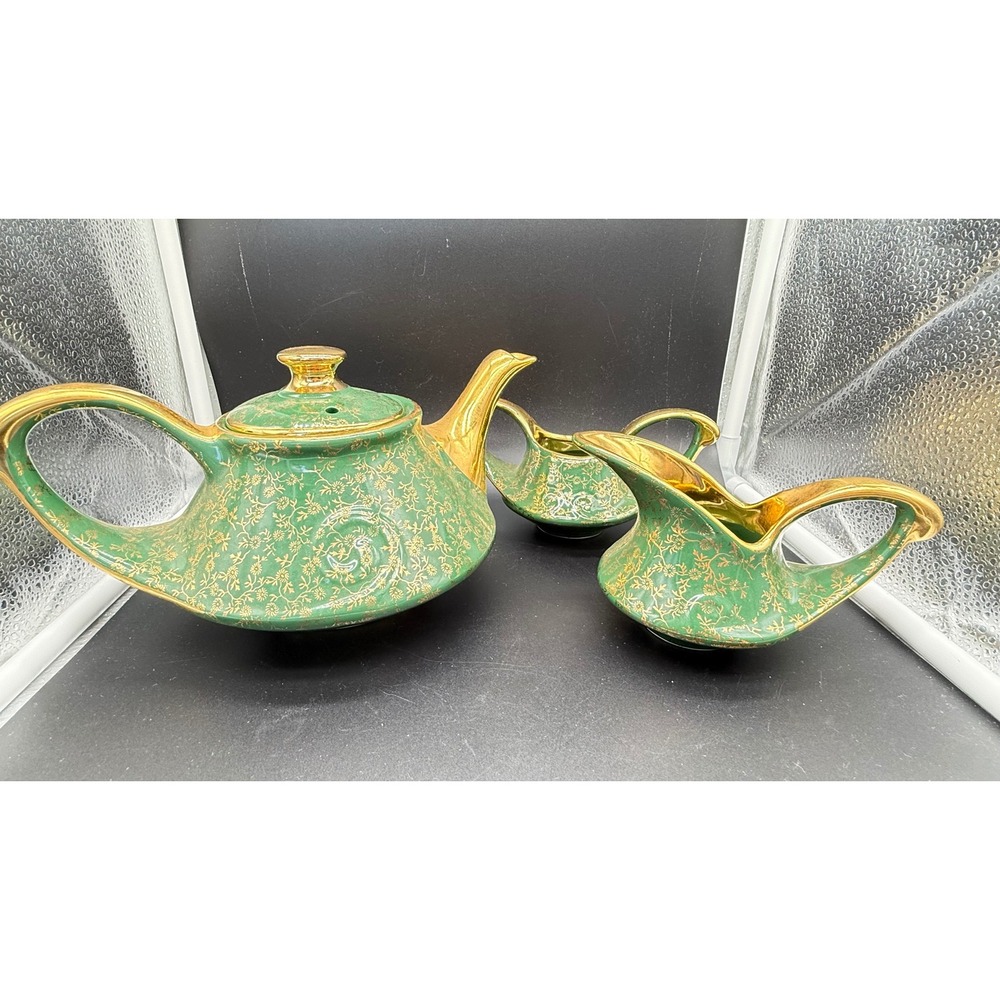 Pearl China Co Green 22kt Gold Hand Decorated Teapot Creamer Sugar Bowl Set MCM